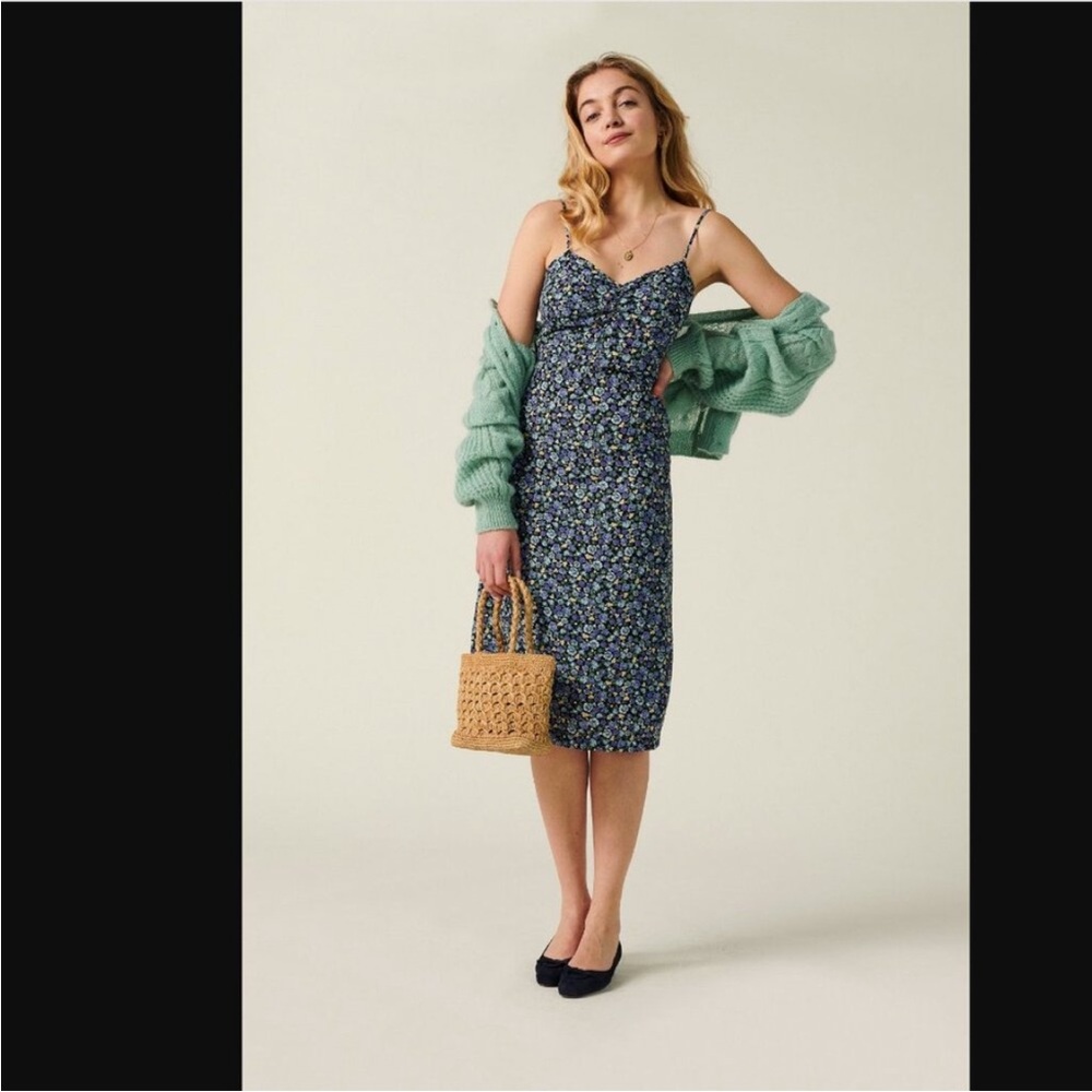 Rouje Chantal Dress Blue Floral Midi Strap dress Size 34 US 2